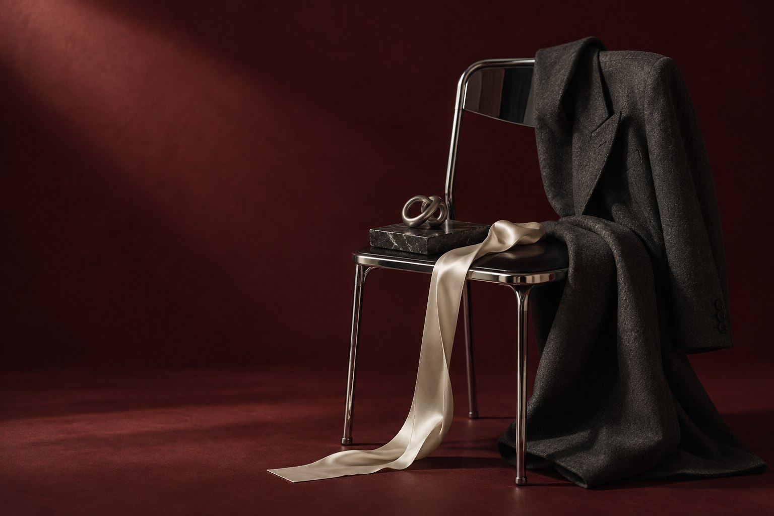 A charcoal wool jacket draped over a chrome chair, an ivory satin ribbon spilling to the floor, against a deep burgundy wall.